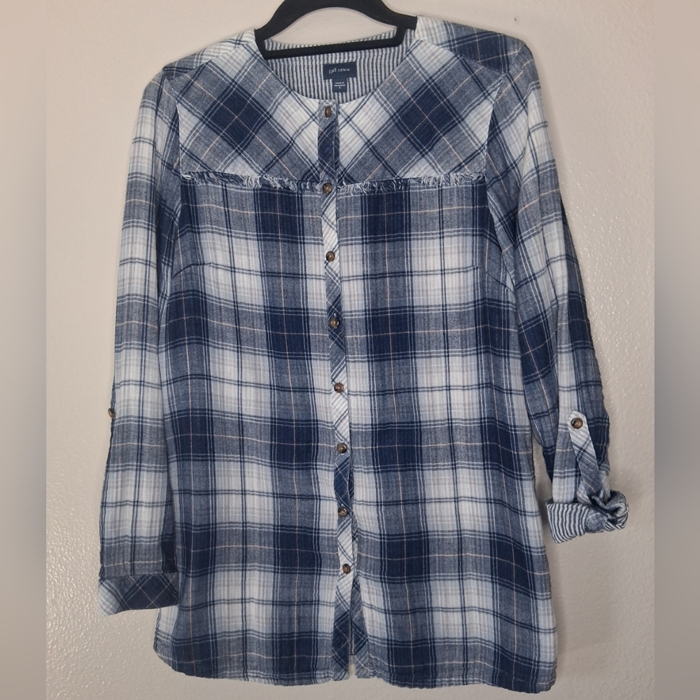 J Jill Cotton Gauze Blue Plaid Button Shirt Roll-Tab Sleeve Fringe Detail Size S